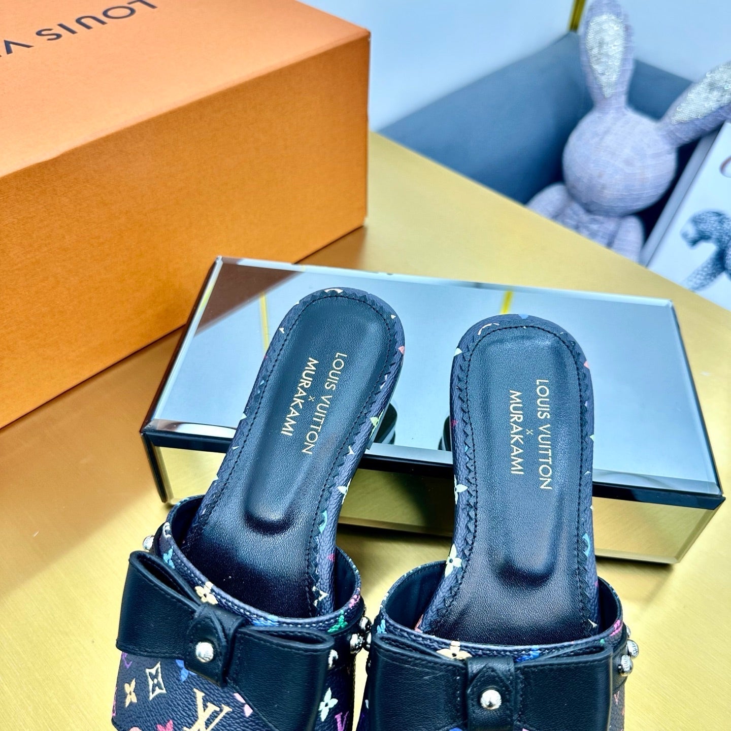 LV 25C LV x TM 6AM Flat Mule Black Bow Black with Monogram Multicolore Leather 219950