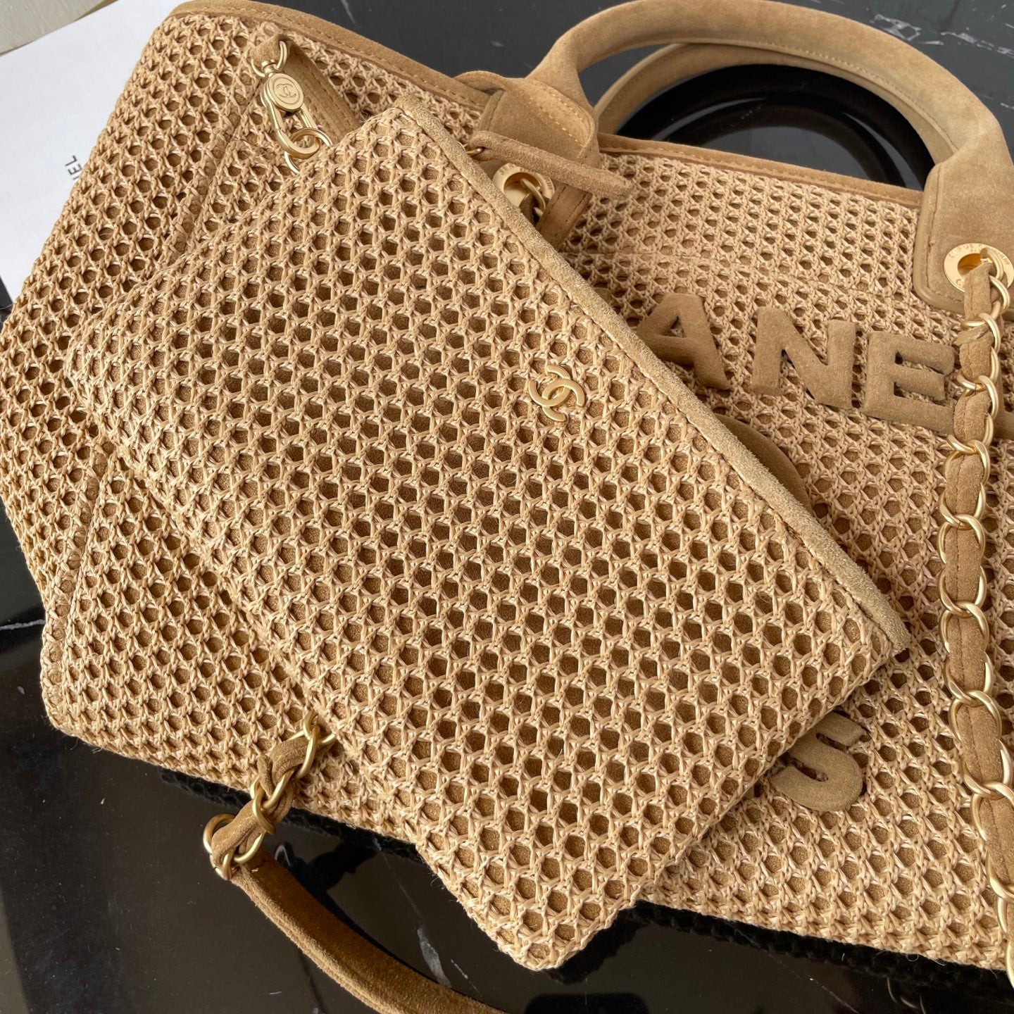 CC 25 Deauville Tote Bag 34cm Beige Crochet Suede
