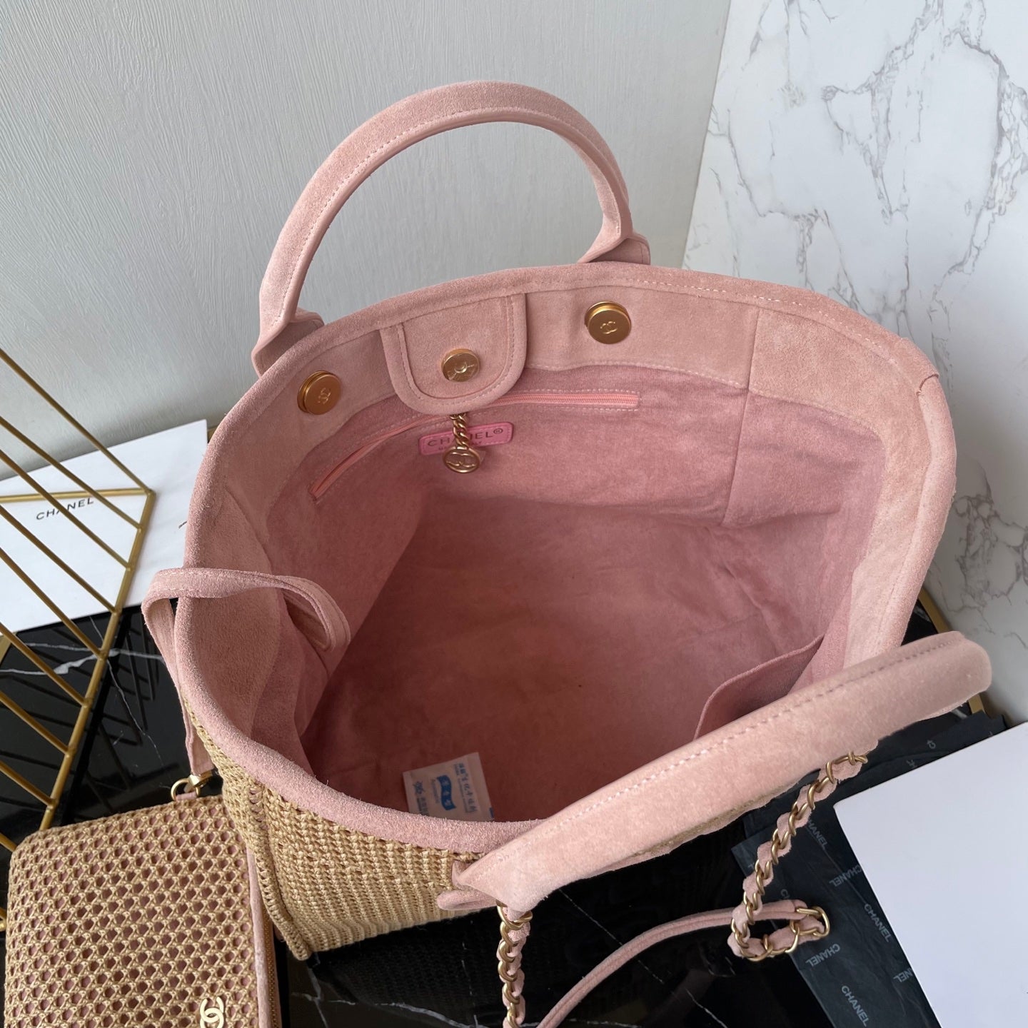 CC 25 Deauville Tote Bag 38cm Beige Pink Crochet Suede