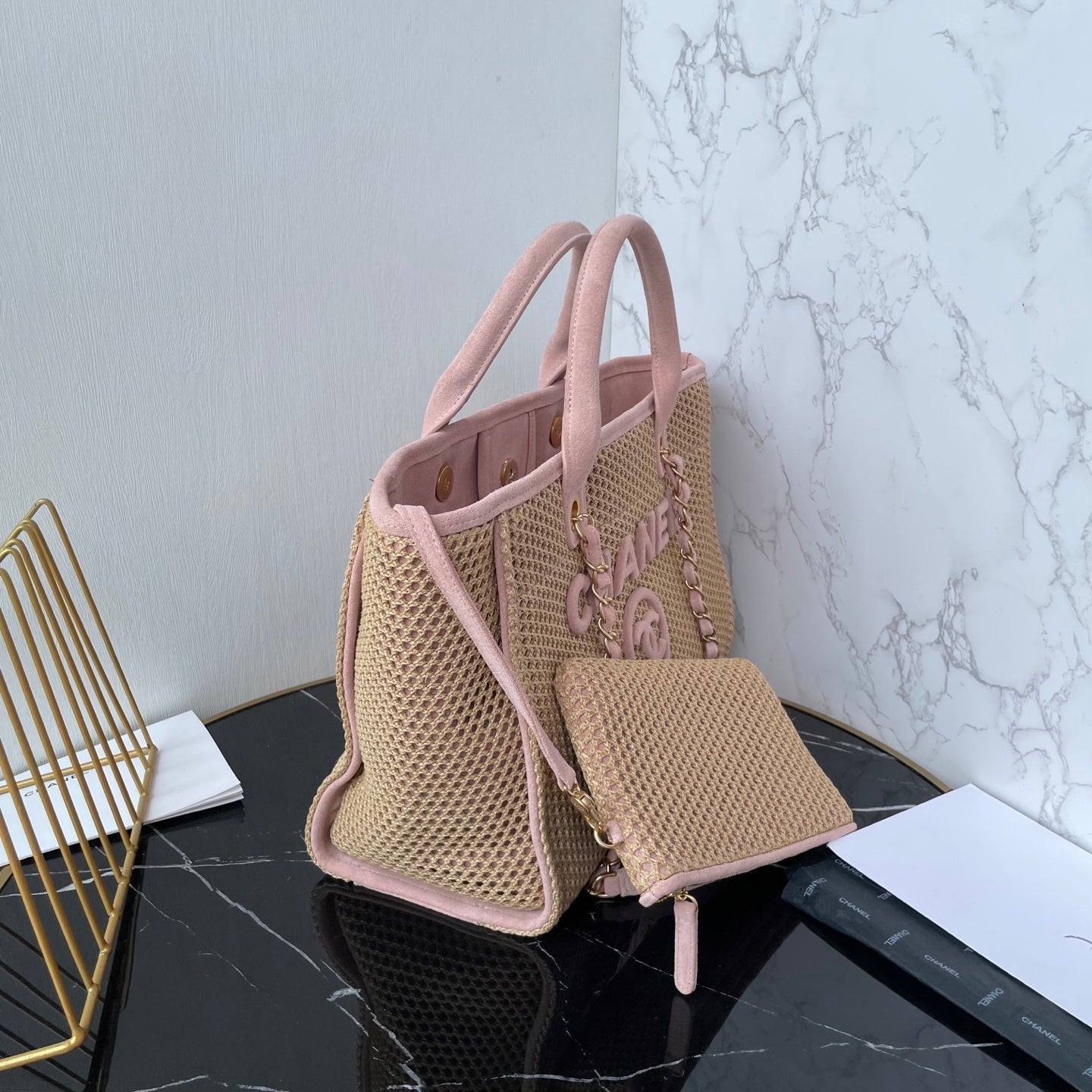 CC 25 Deauville Tote Bag 34cm Beige Pink Crochet Suede