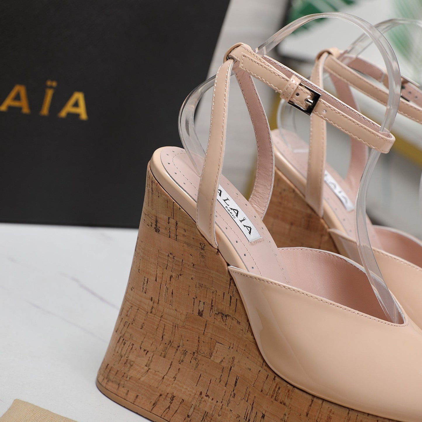 ALAIA WEDGE SANDAL IN BEIGE TAN GLOSSY CALFSKIN AND BEIGE RUBBER