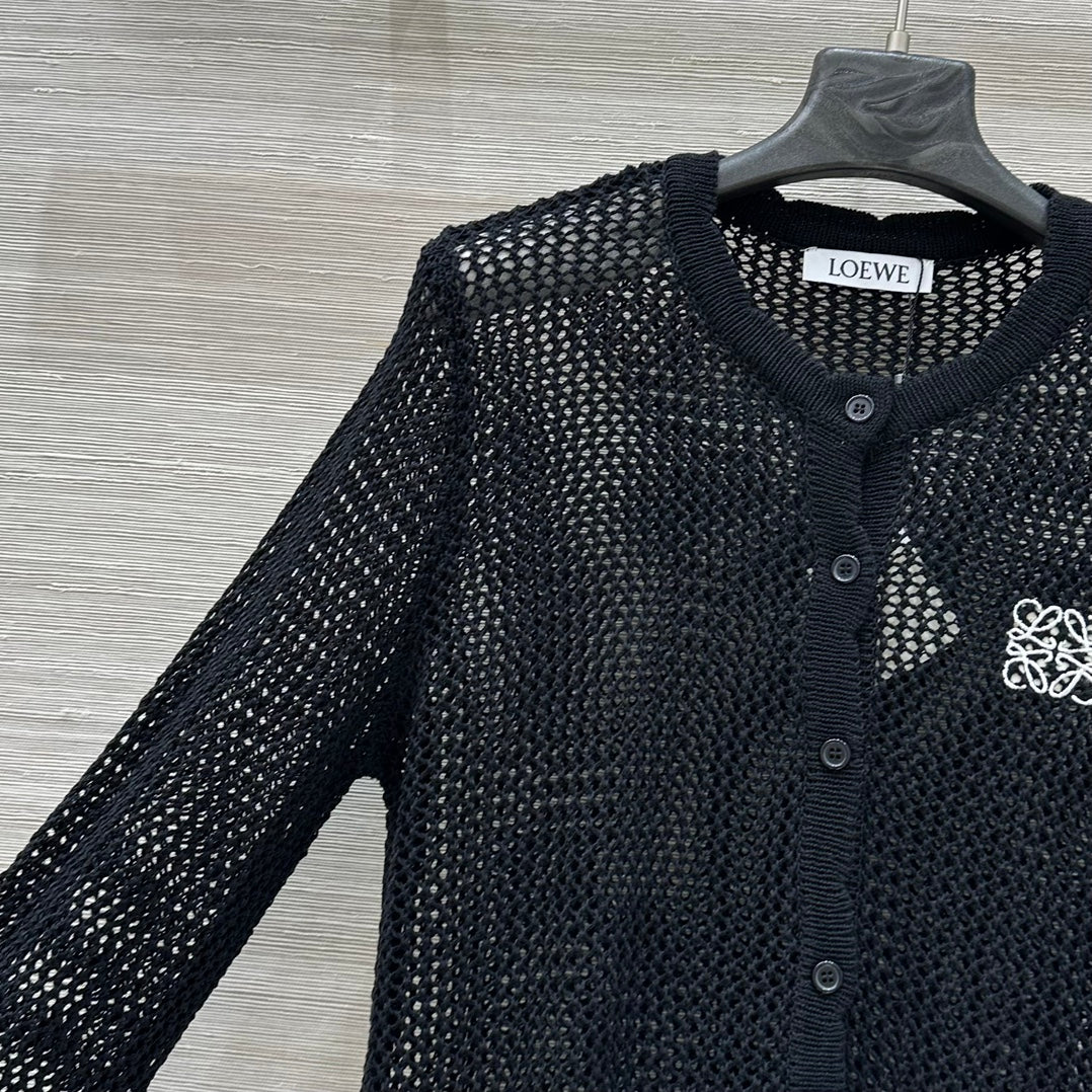 Loewe 25 Mesh Hollow Knitted Cardigan Black Wool