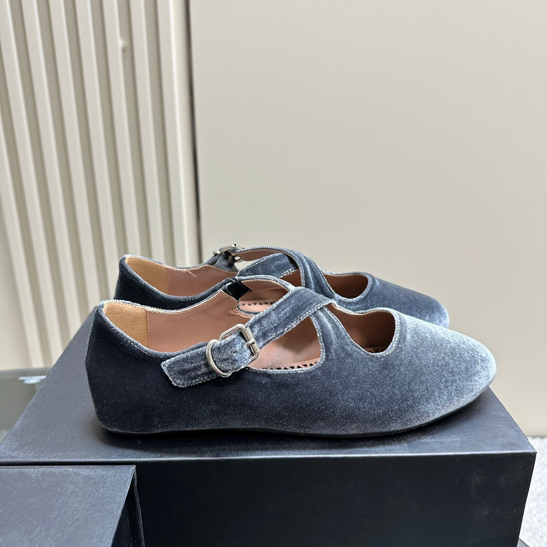 Alaila Criss Cross Ballet Flats In Dark Grey Velvet 920785