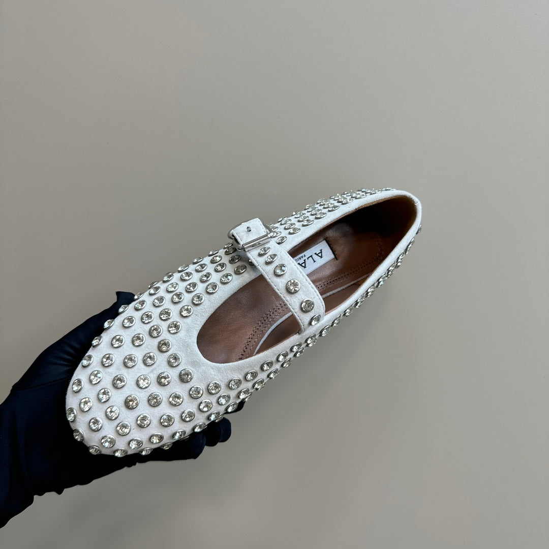 Alaia Strass Suede Ballet Flats In White 999322