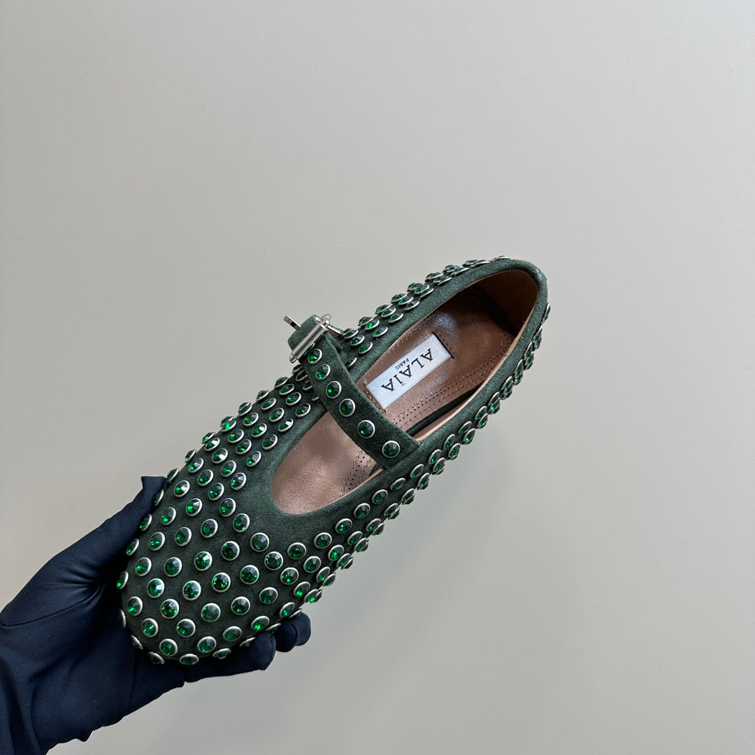 Alaia Strass Suede Ballet Flats In Dark Green 999318