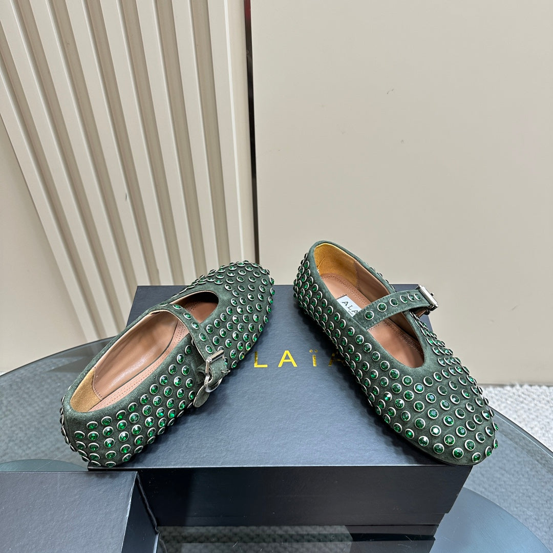 Alaia Strass Suede Ballet Flats In Dark Green 999318