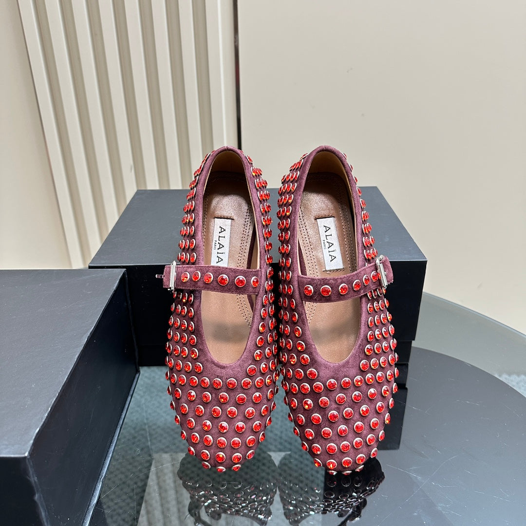 Alaia Strass Suede Ballet Flats In Red Purple 999328