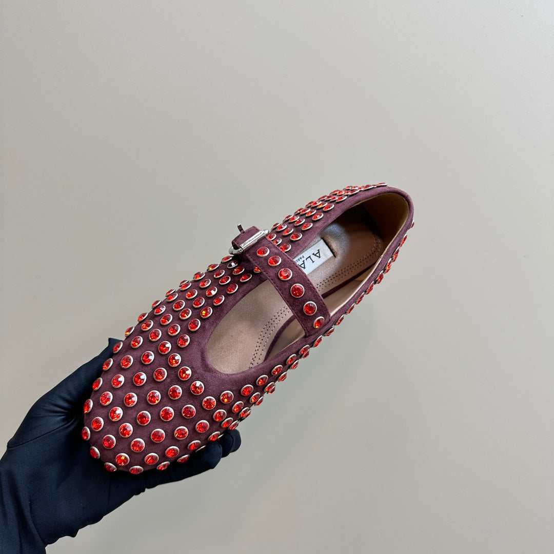 Alaia Strass Suede Ballet Flats In Red Purple 999328