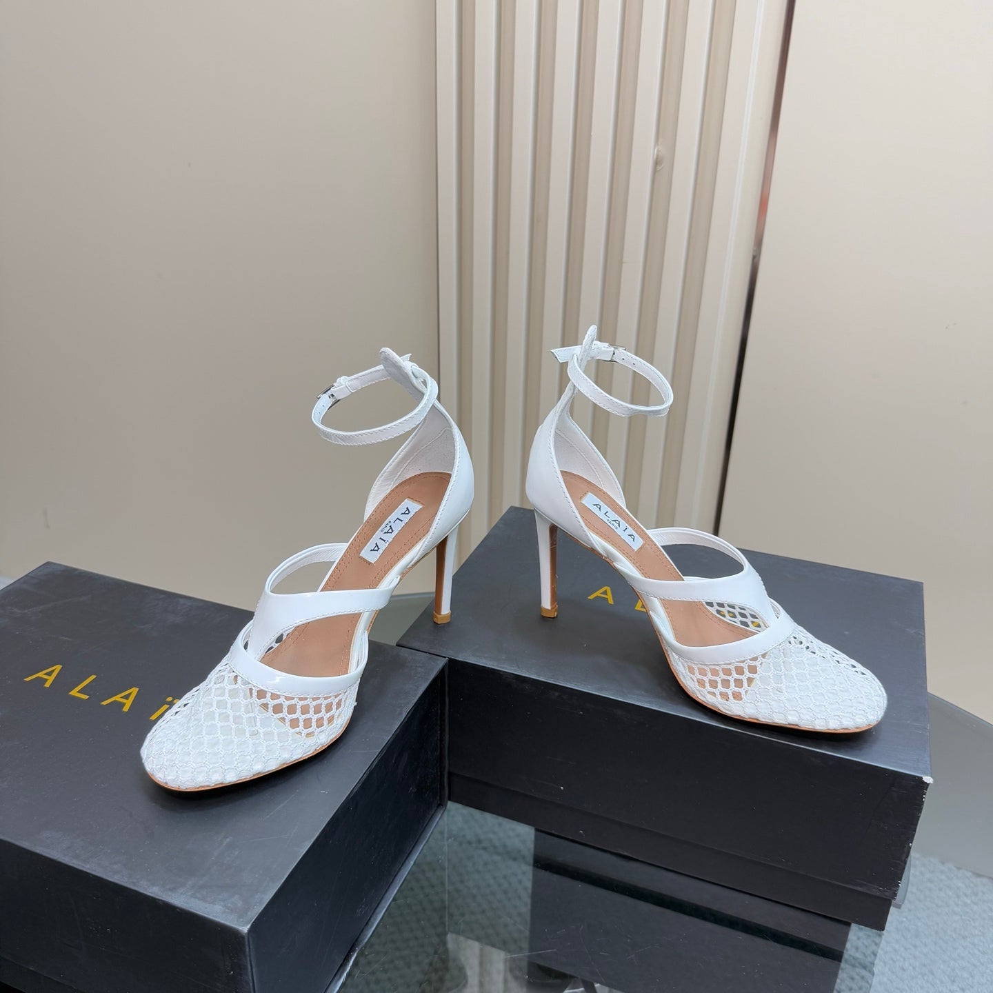 Alaia Fishnet Thong Heels Sandals White Lambskin 299659