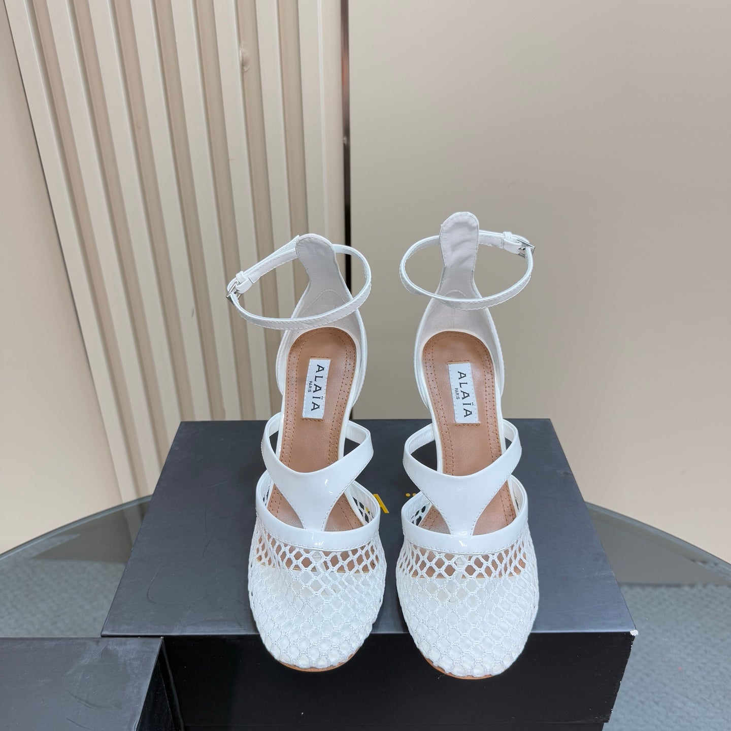 Alaia Fishnet Thong Heels Sandals White Lambskin 299659