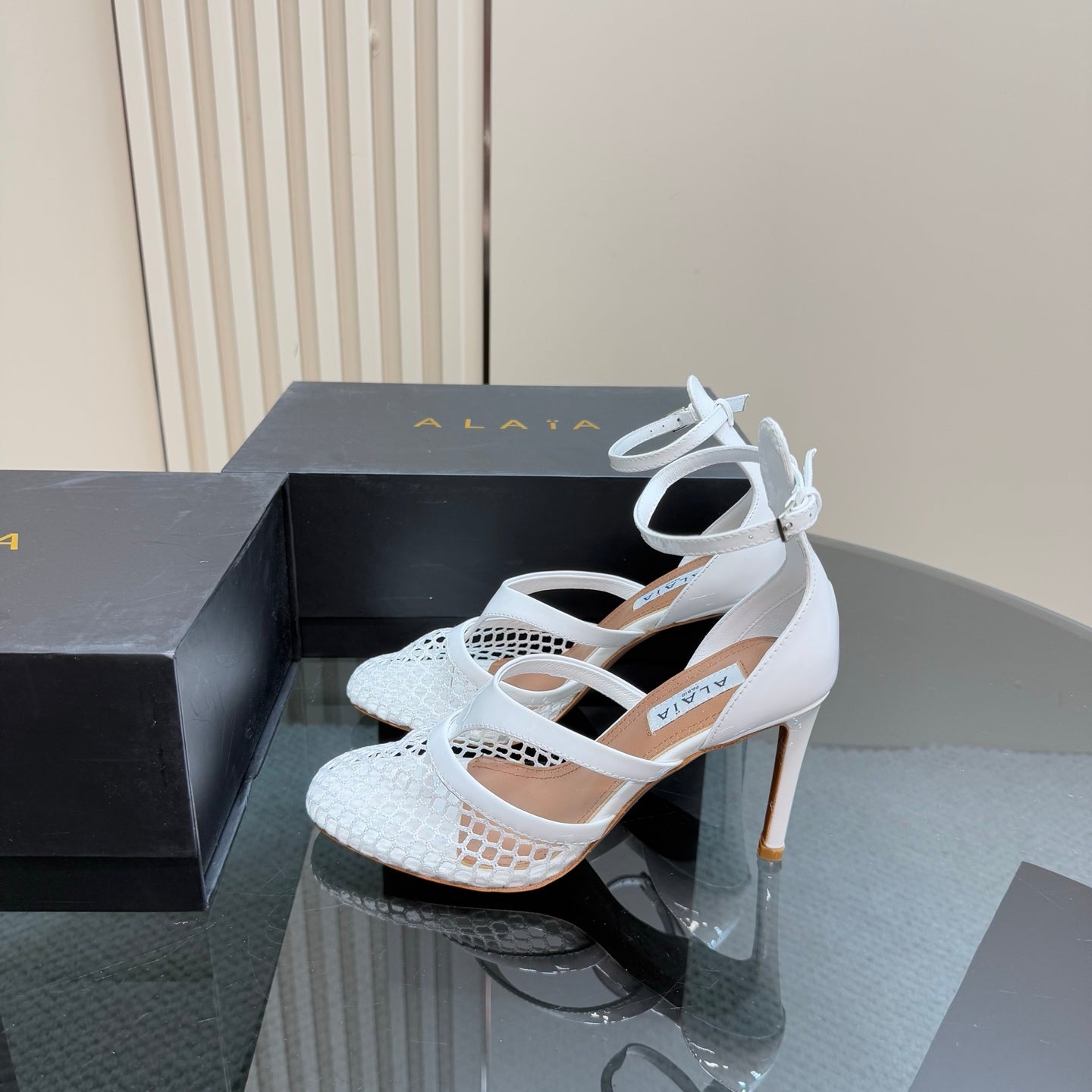 Alaia Fishnet Thong Heels Sandals White Lambskin 299659