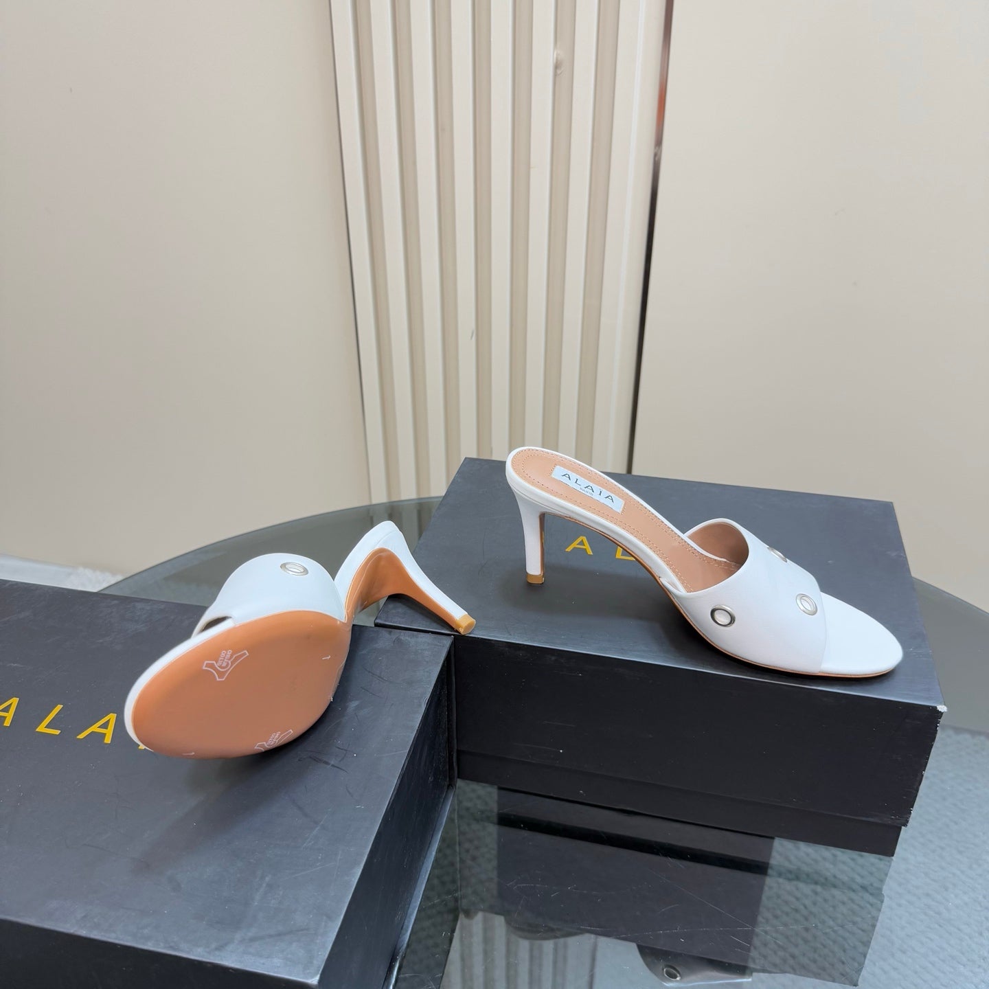 Alaia 2025 Oeillets Embellished Leather Sandals White Lambskin 299667