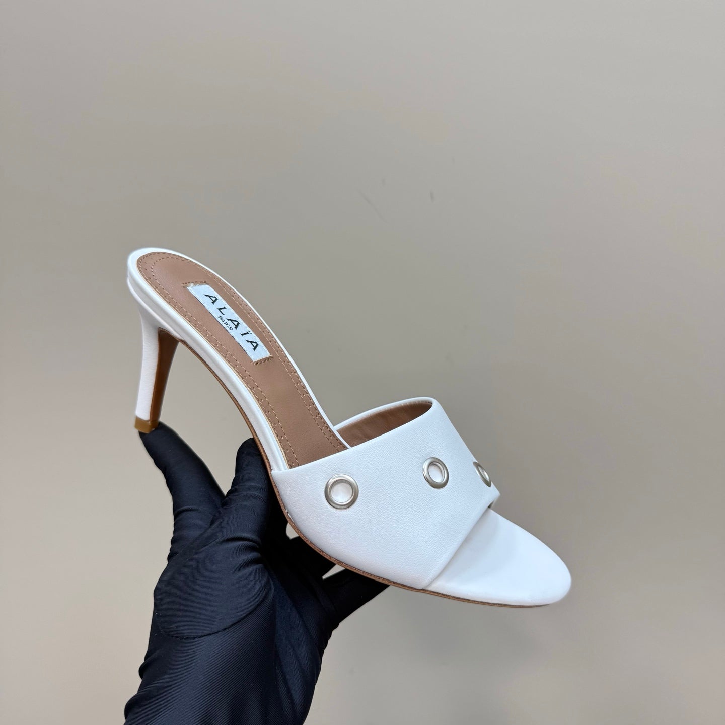 Alaia 2025 Oeillets Embellished Leather Sandals White Lambskin 299667
