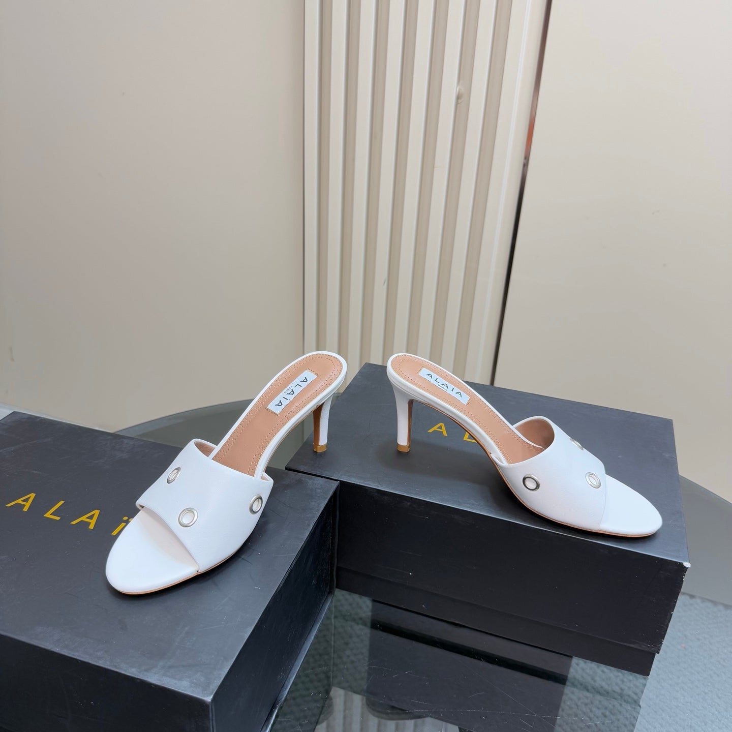 Alaia 2025 Oeillets Embellished Leather Sandals White Lambskin 299667