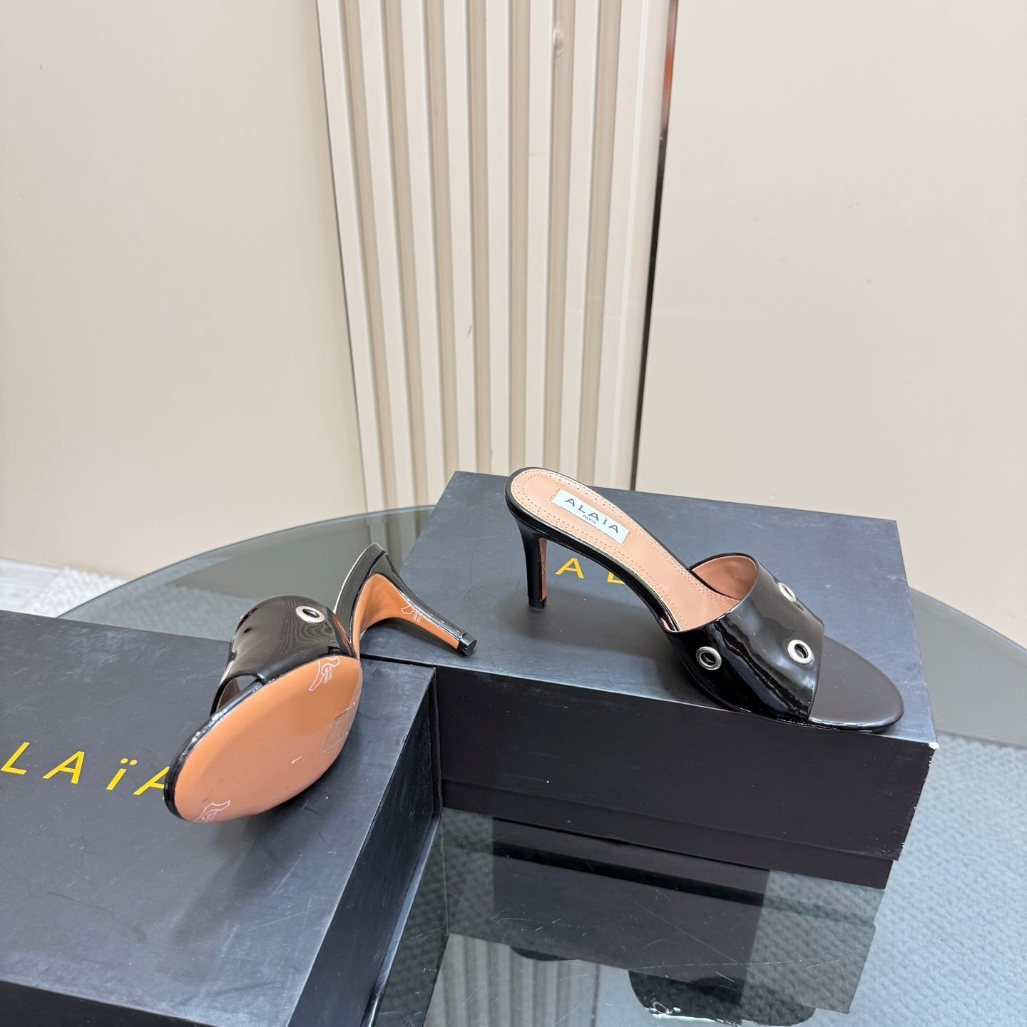 Alaia 2025 Oeillets Embellished Leather Sandals Glossy Black Lambskin 299668