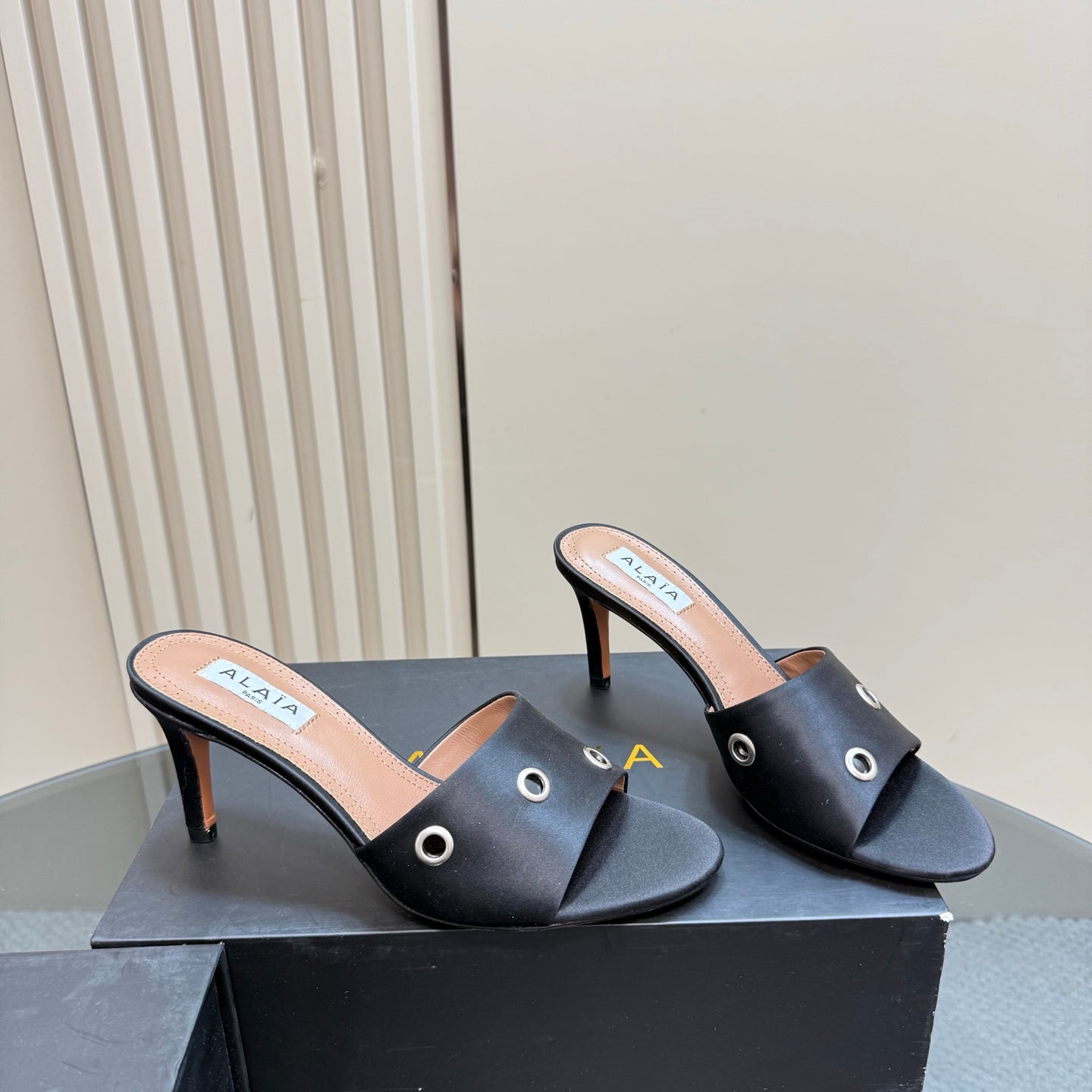 Alaia 2025 Oeillets Embellished Leather Sandals Black Lambskin 299669