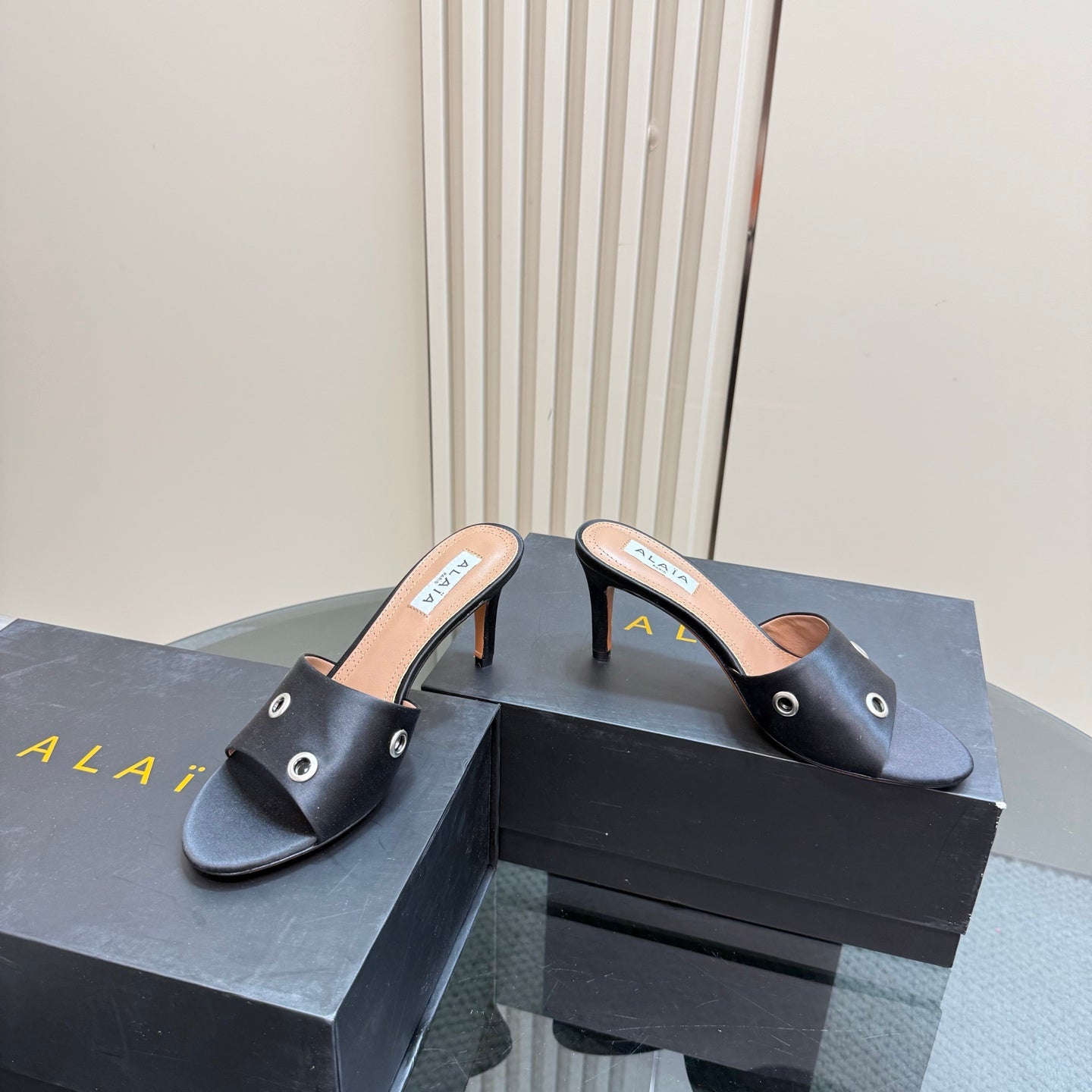 Alaia 2025 Oeillets Embellished Leather Sandals Black Lambskin 299669