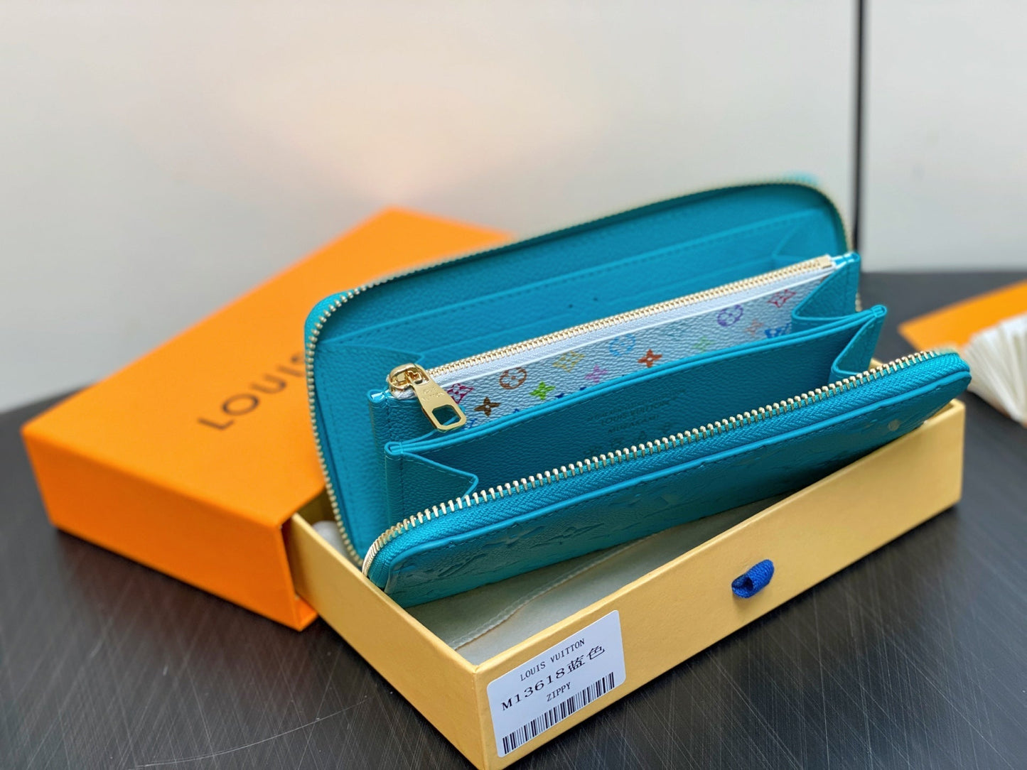 LV × TM Zipper Wallet Blue Gold Leather 329915