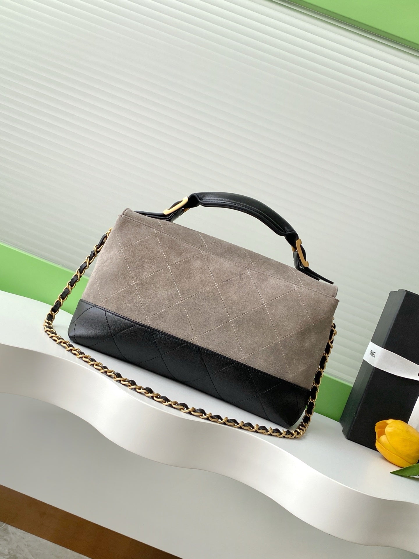 CC 25A Flap Bag 29cm Grey Suede Black Calfskin