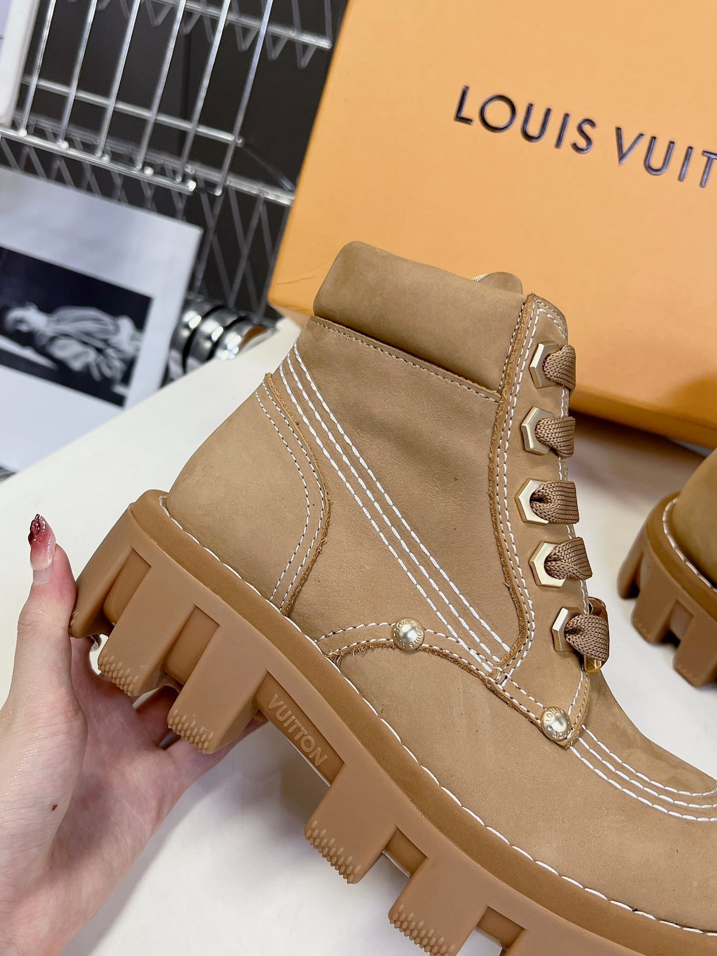 LV Checker Ankle Boots Brown Suede