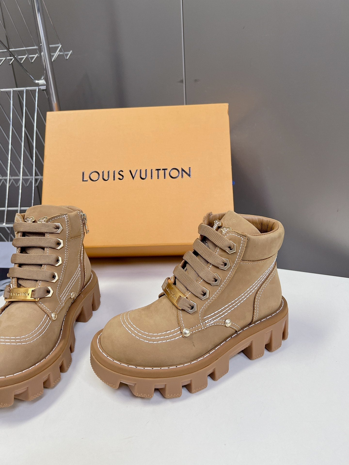 LV Checker Ankle Boots Brown Suede