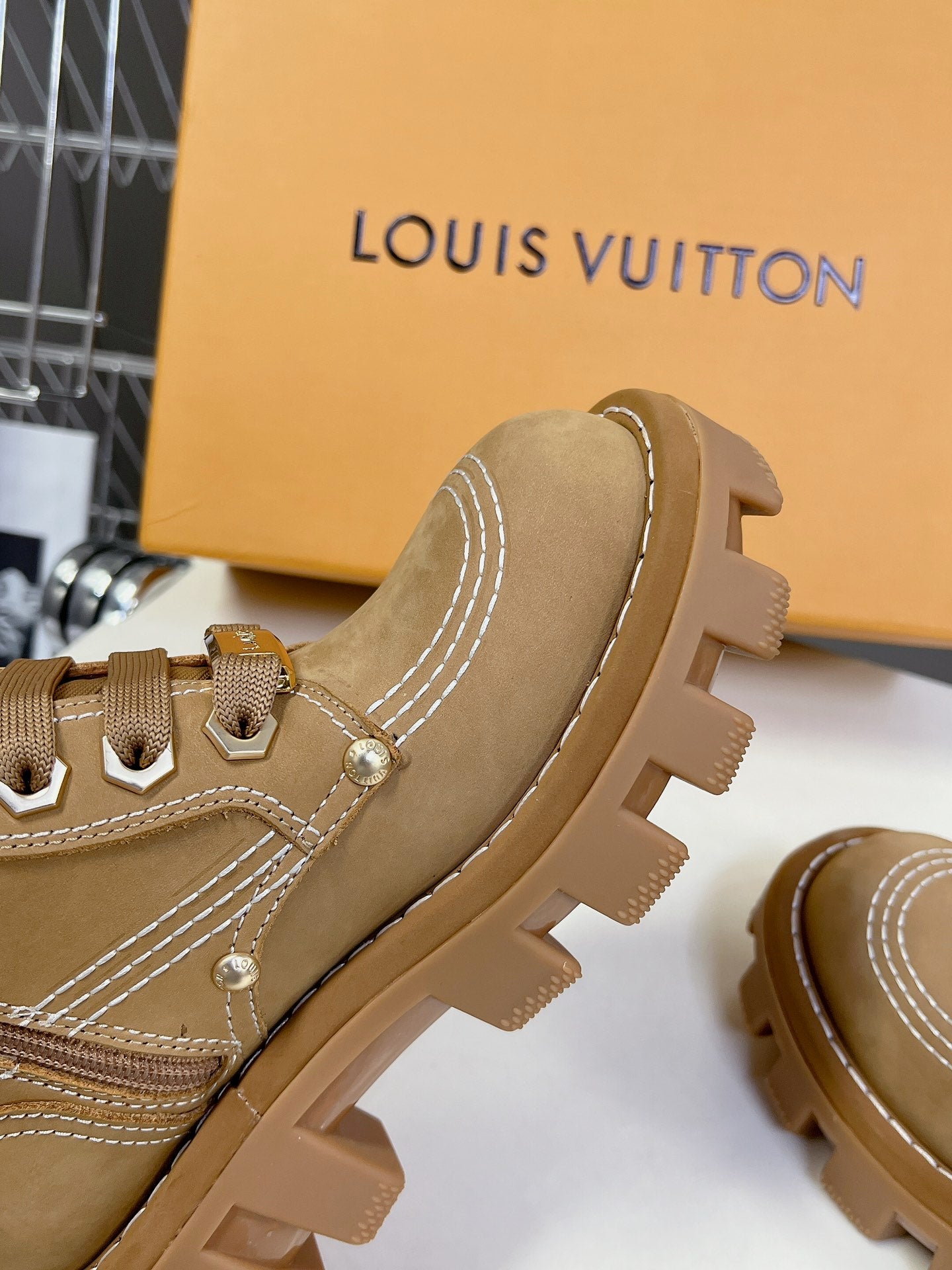 LV Checker Ankle Boots Brown Suede