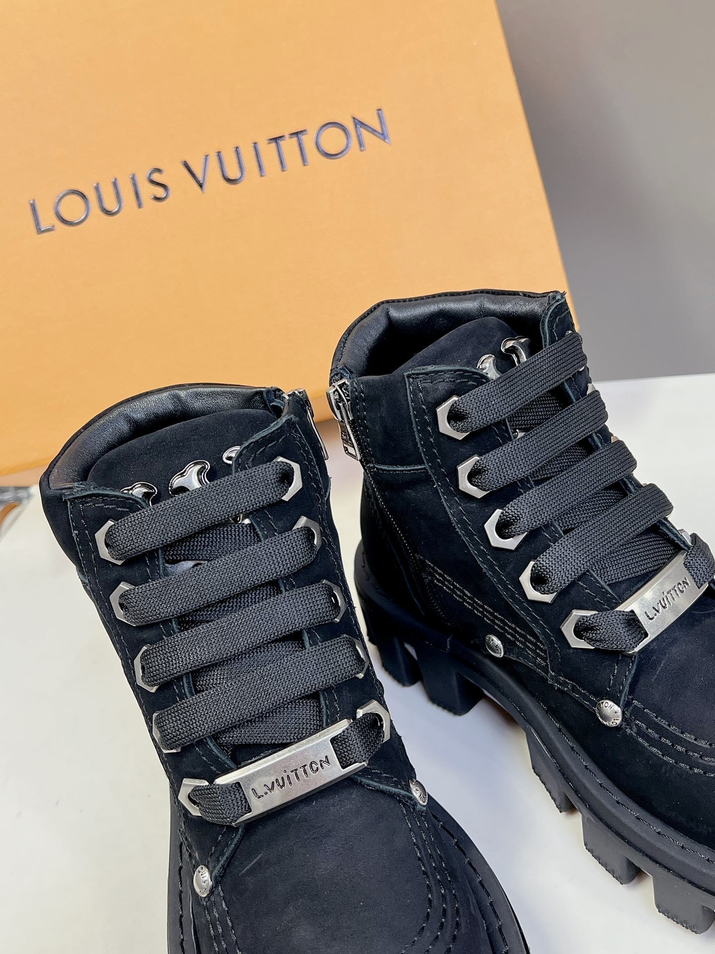 LV Checker Ankle Boots Black Suede