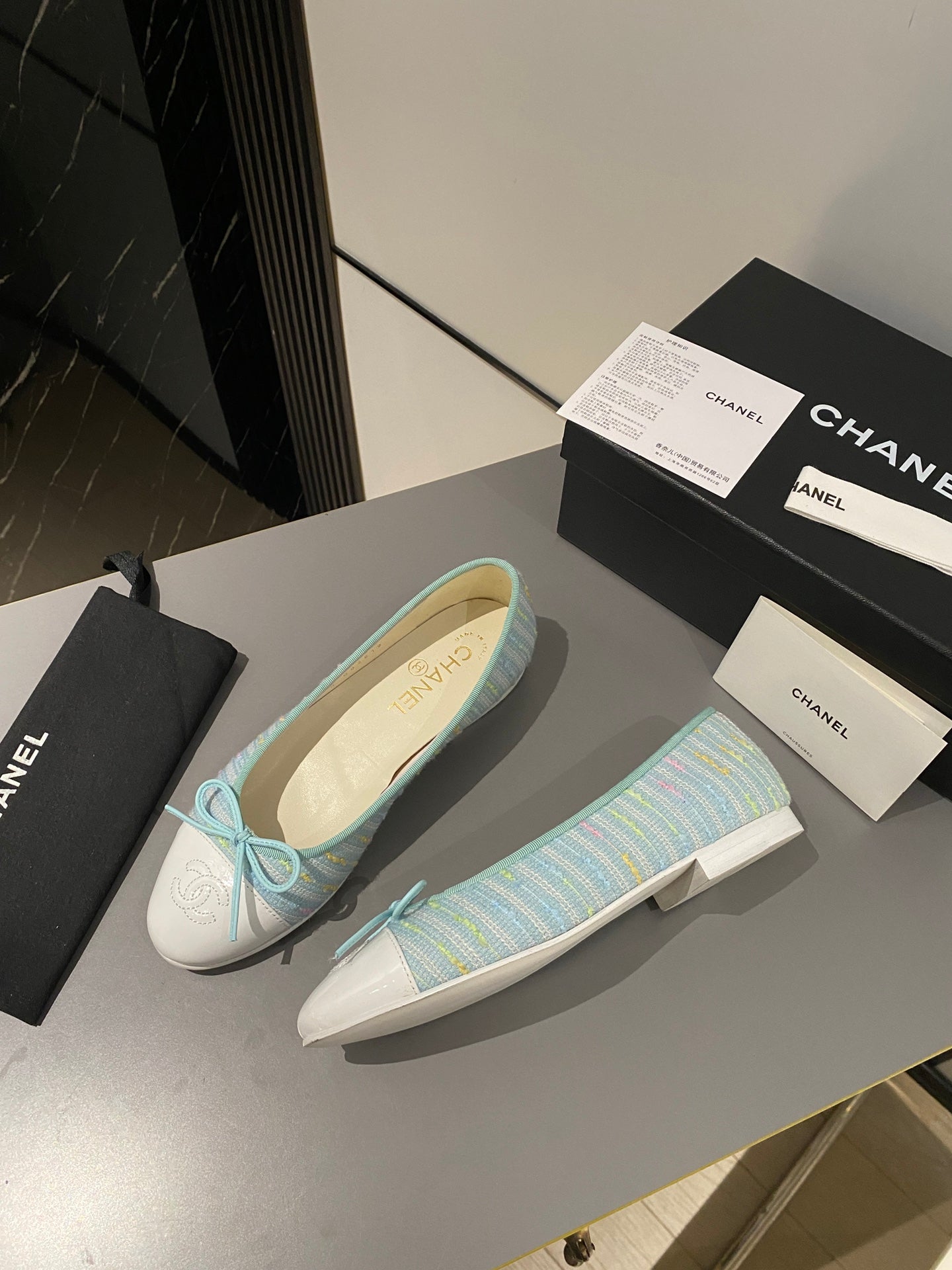 ballet flat cloud blue embroidered fabric white calfskin