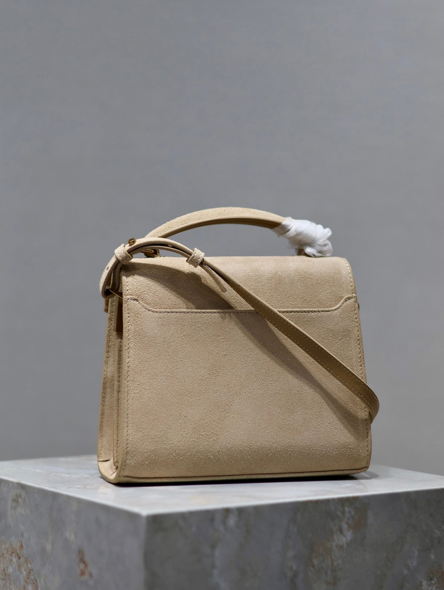 CASSANDRA MINI TOP HANDLE BAG 20 IN BEIGE SUEDE GOLD HARDWARE
