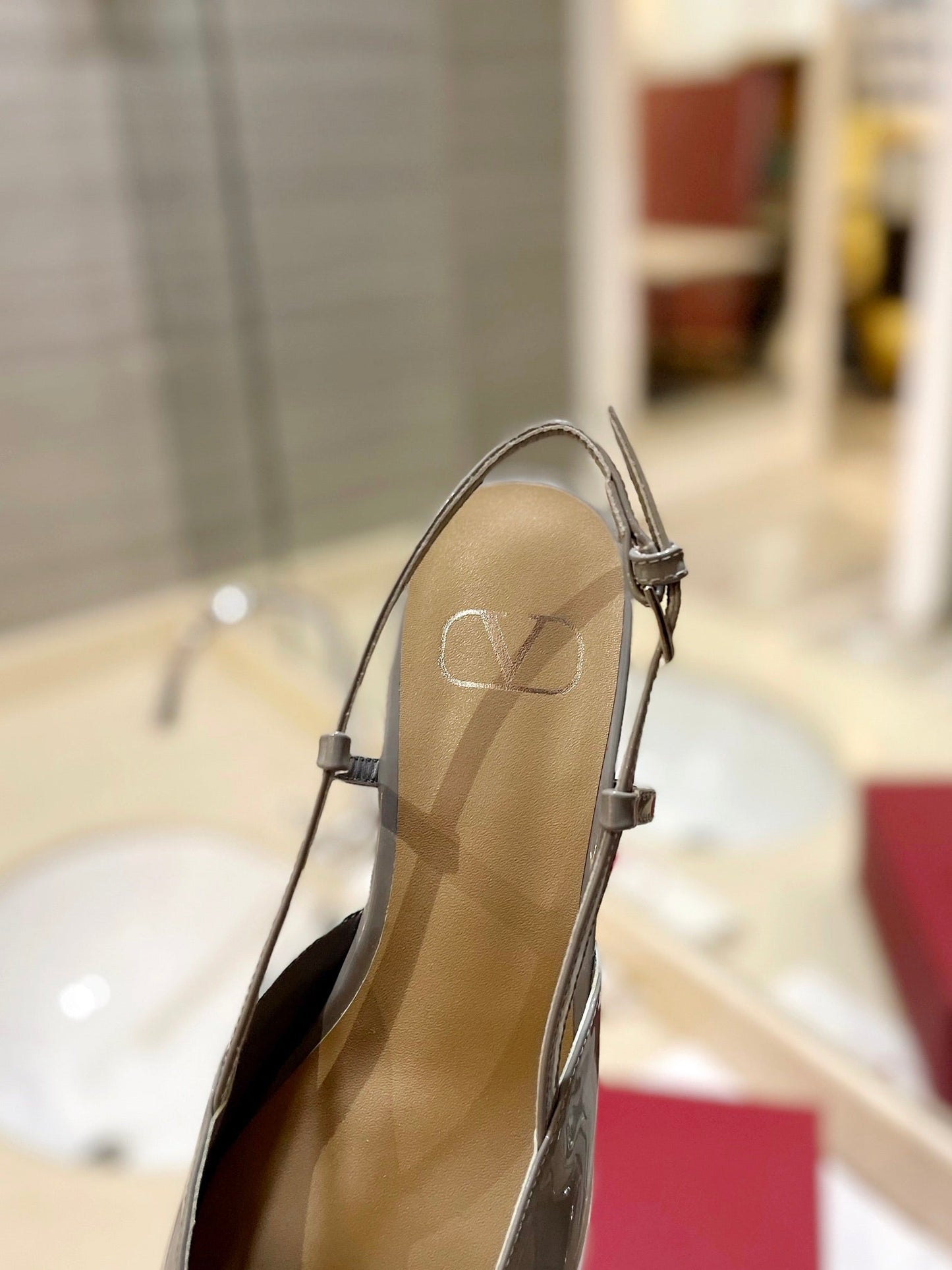 VLOGO GREY PATENT LEATHER SLINGBACK FLATS