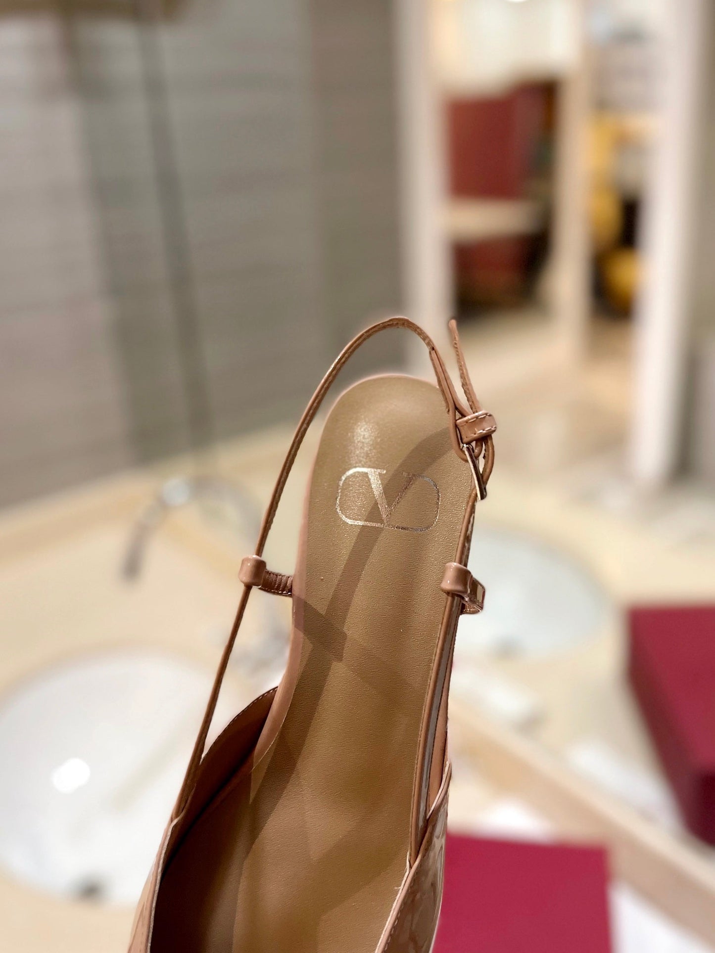 VLOGO BEIGE PATENT LEATHER SLINGBACK FLATS