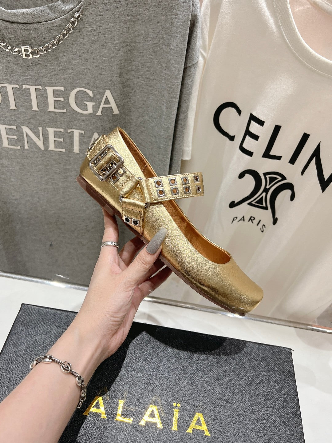 Alaila Biker Ballet Flats In Gold Cowhide 911444