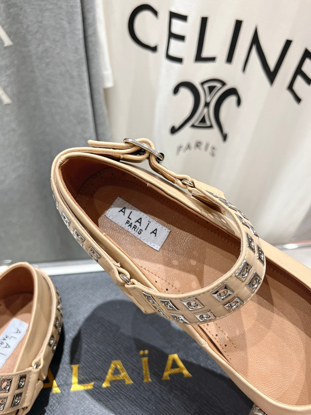 Alaila Biker Ballet Flats In Beige Cowhide 911448