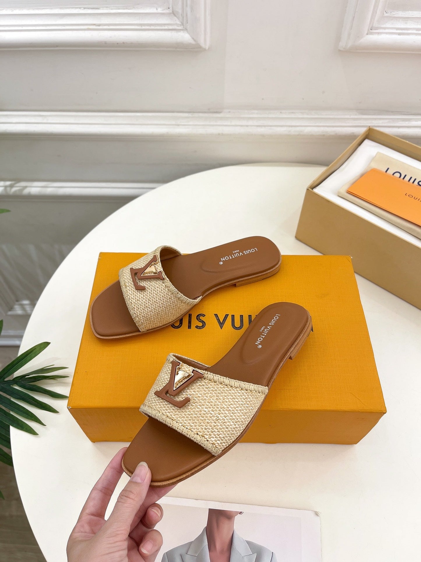 lv capri flat mule beige raffia dark brown calfskin