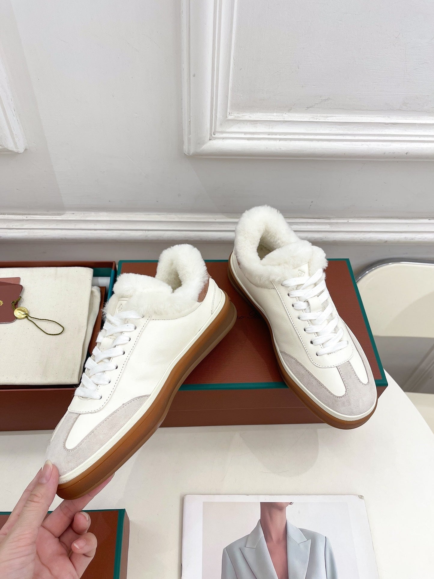 LP Tennis Walk Sneaker In White Grey Lambskin Lined With Wool Fleece 988264
