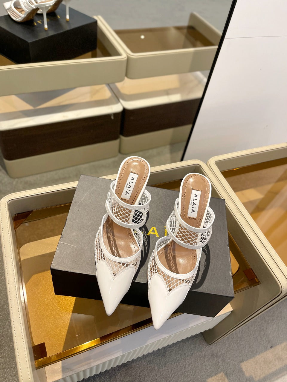 alaia mule 85 fishnet white heart lambskin