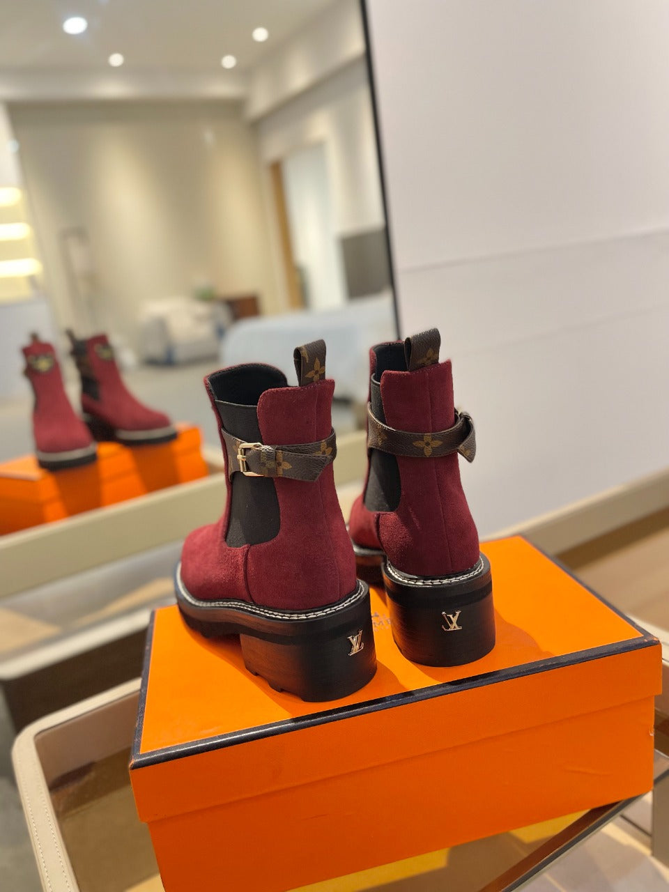 LV Beaubourg Ankle Boot 100mm Red Suede