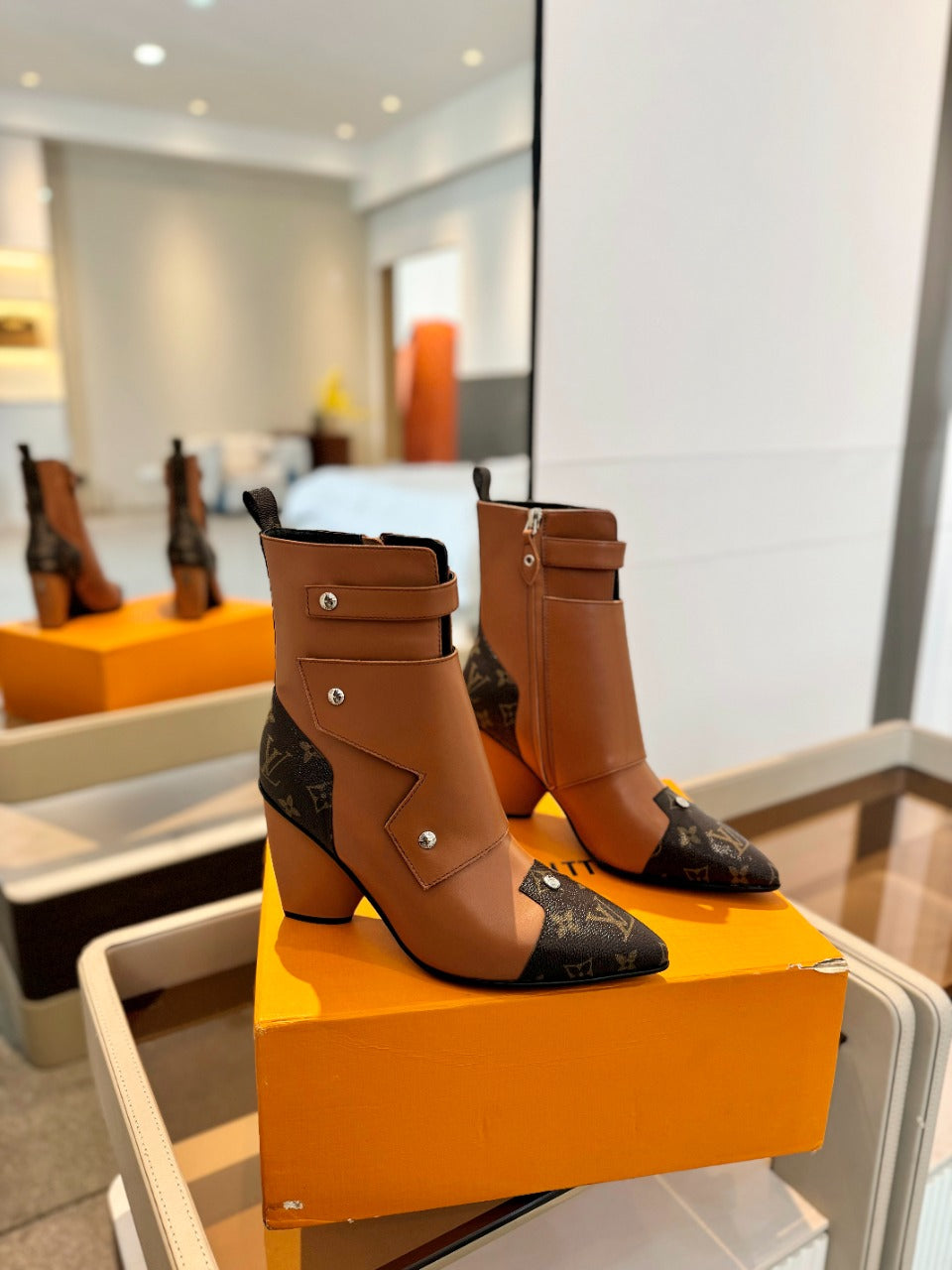 LV Trinity Ankle Boot 75mm Orange Brown Monogram Calfskin