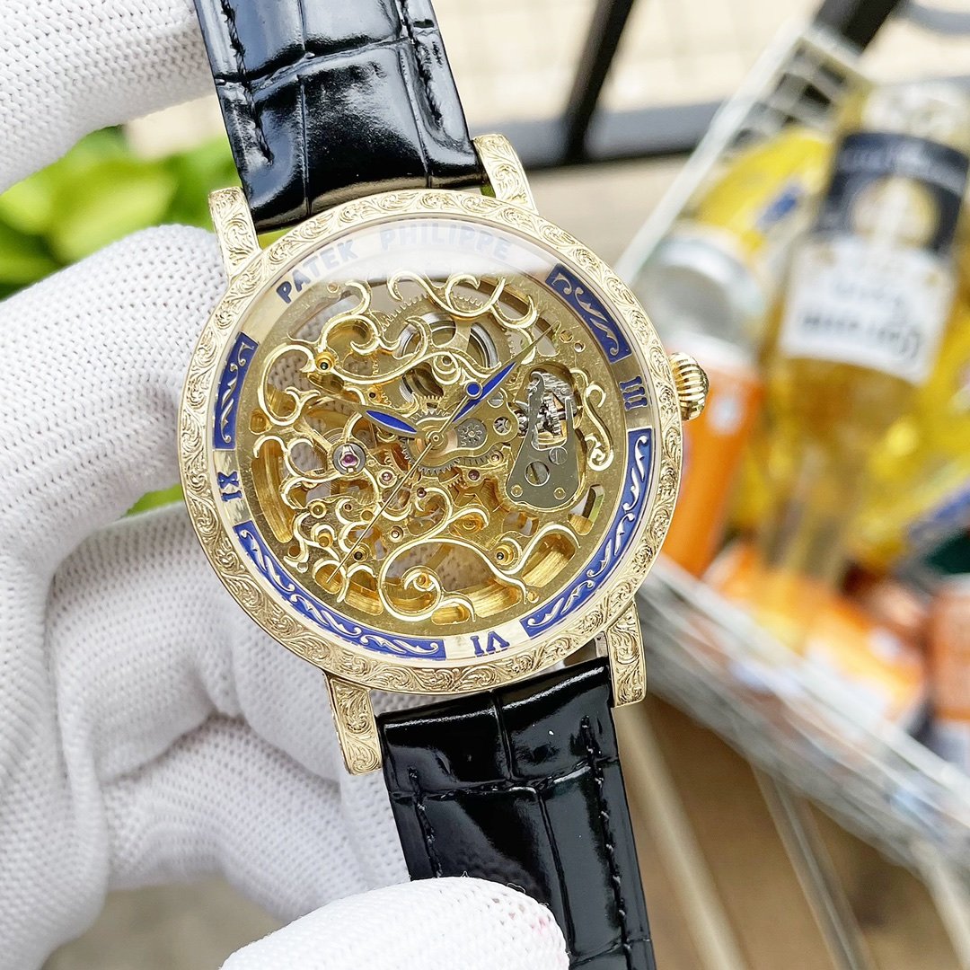 CALATRAVA SKELETON ENGRAVED HAND LEATHER STRAP