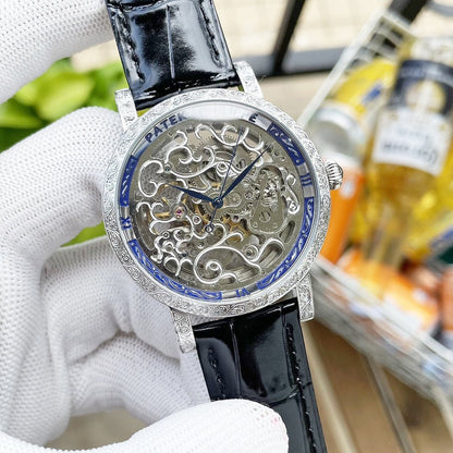 CALATRAVA SKELETON ENGRAVED HAND LEATHER STRAP