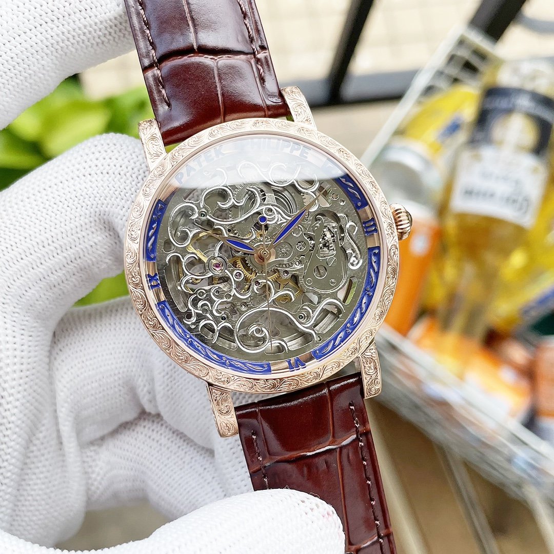 CALATRAVA SKELETON ENGRAVED HAND LEATHER STRAP