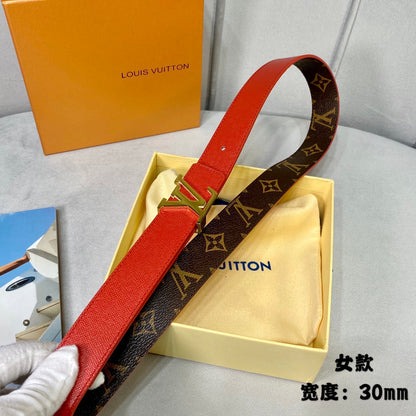 LV FLOWERGRAM 30MM REVERSIBLE BELT IN CHERRY RED CALFSKIN GOLD HARDWARE