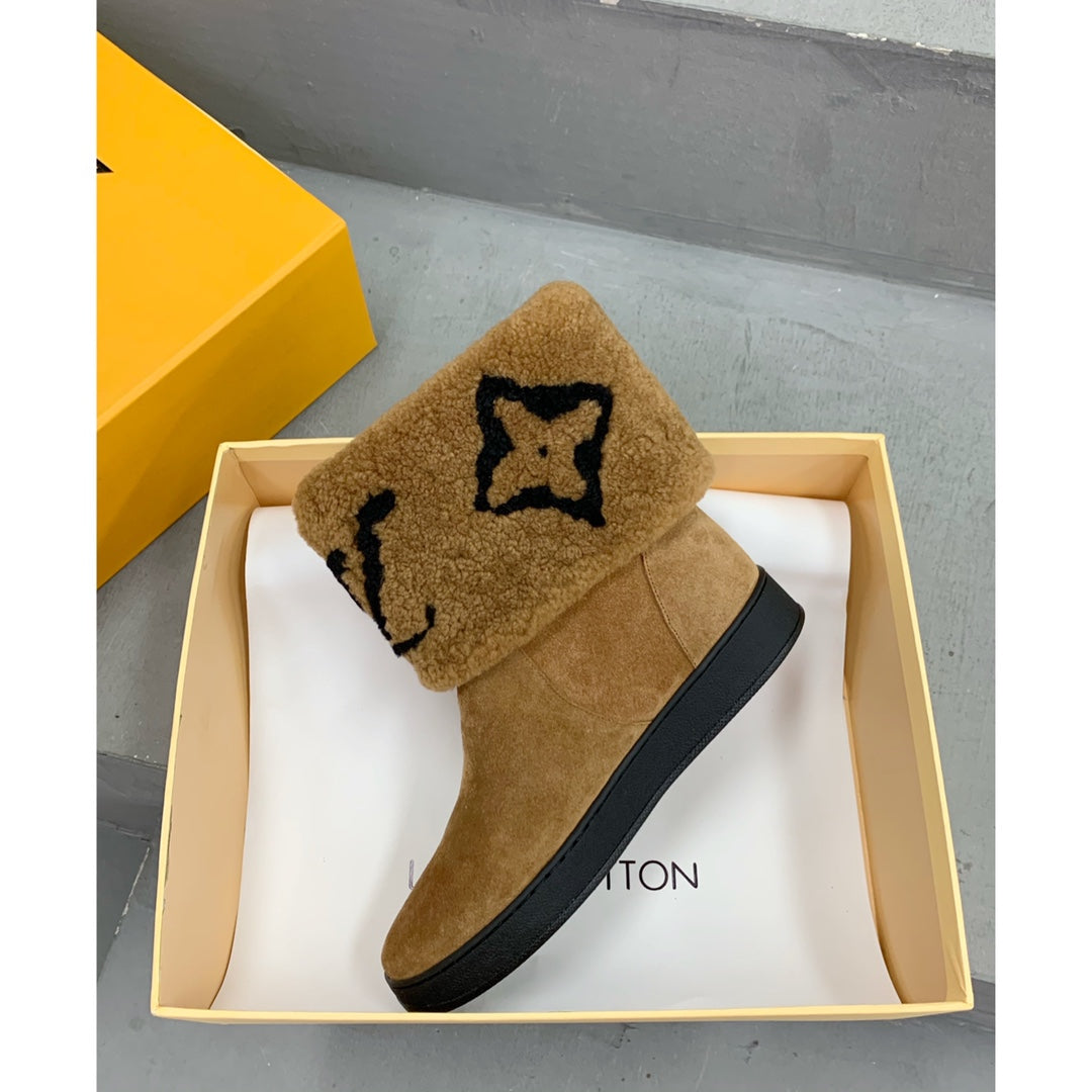 LV Snowdrop Flat Ankle Boot Brown Monogram Black Suede