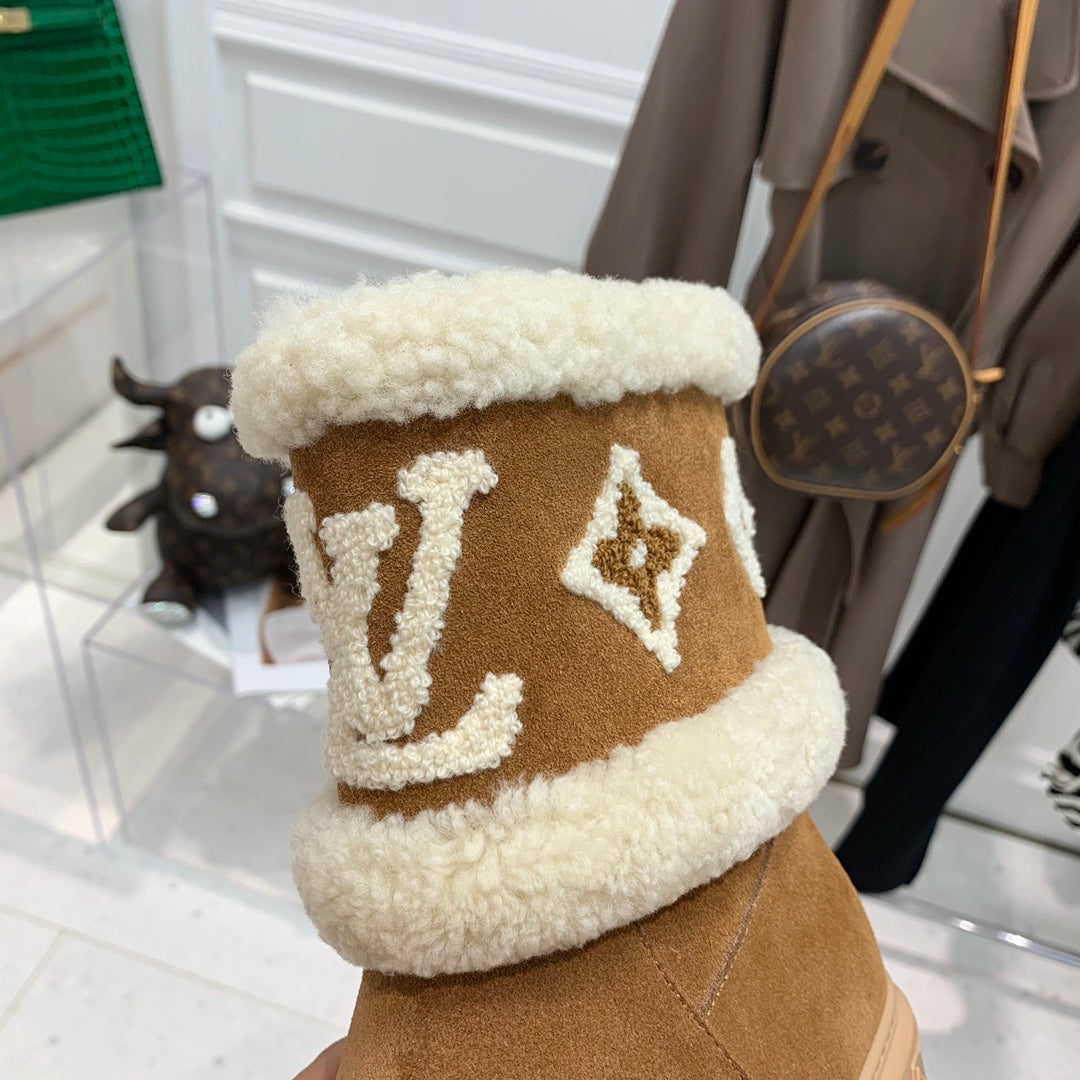 LV Snowdrop Flat Ankle Boot Brown Monogram White Suede
