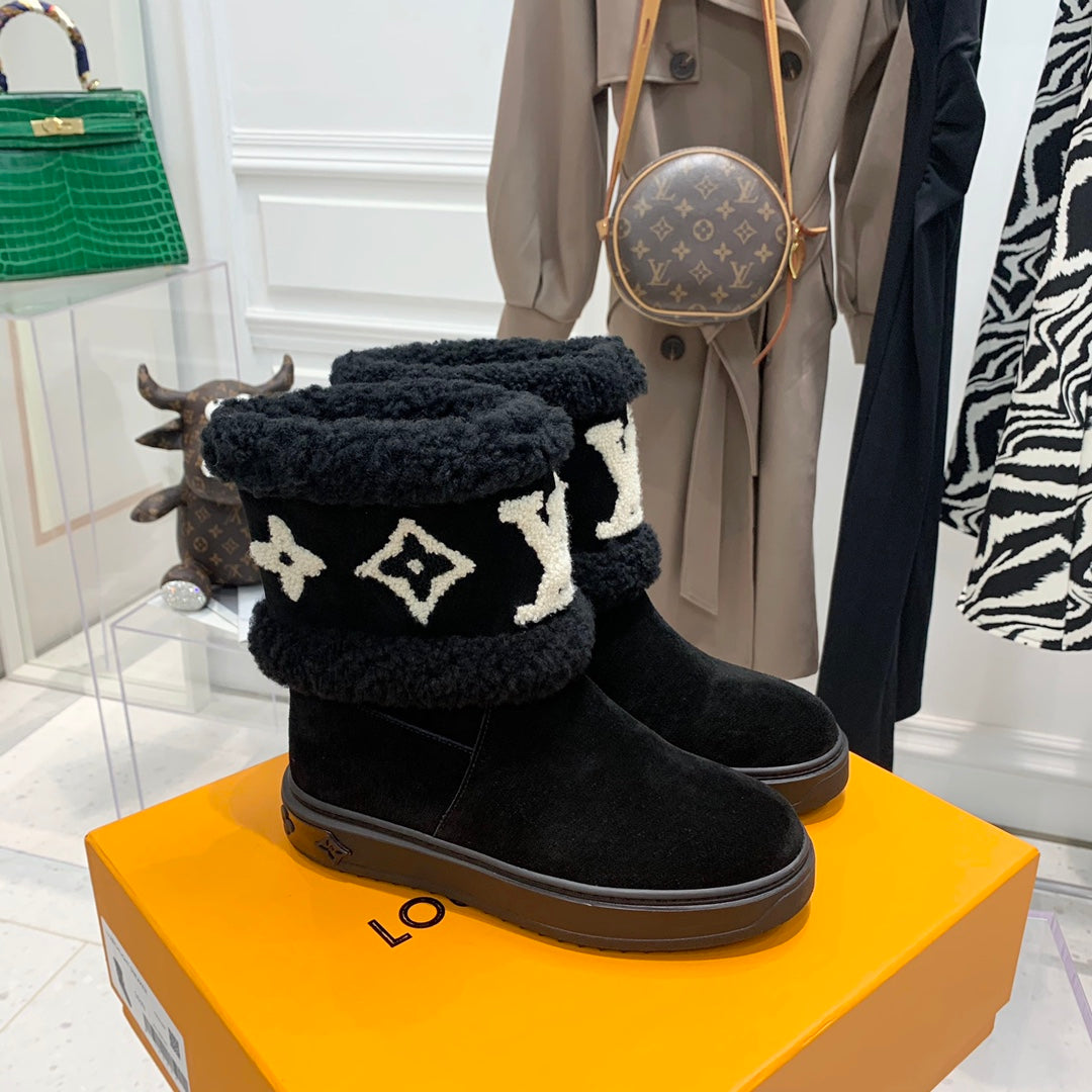 LV Snowdrop Flat Ankle Boot Black Monogram White Suede
