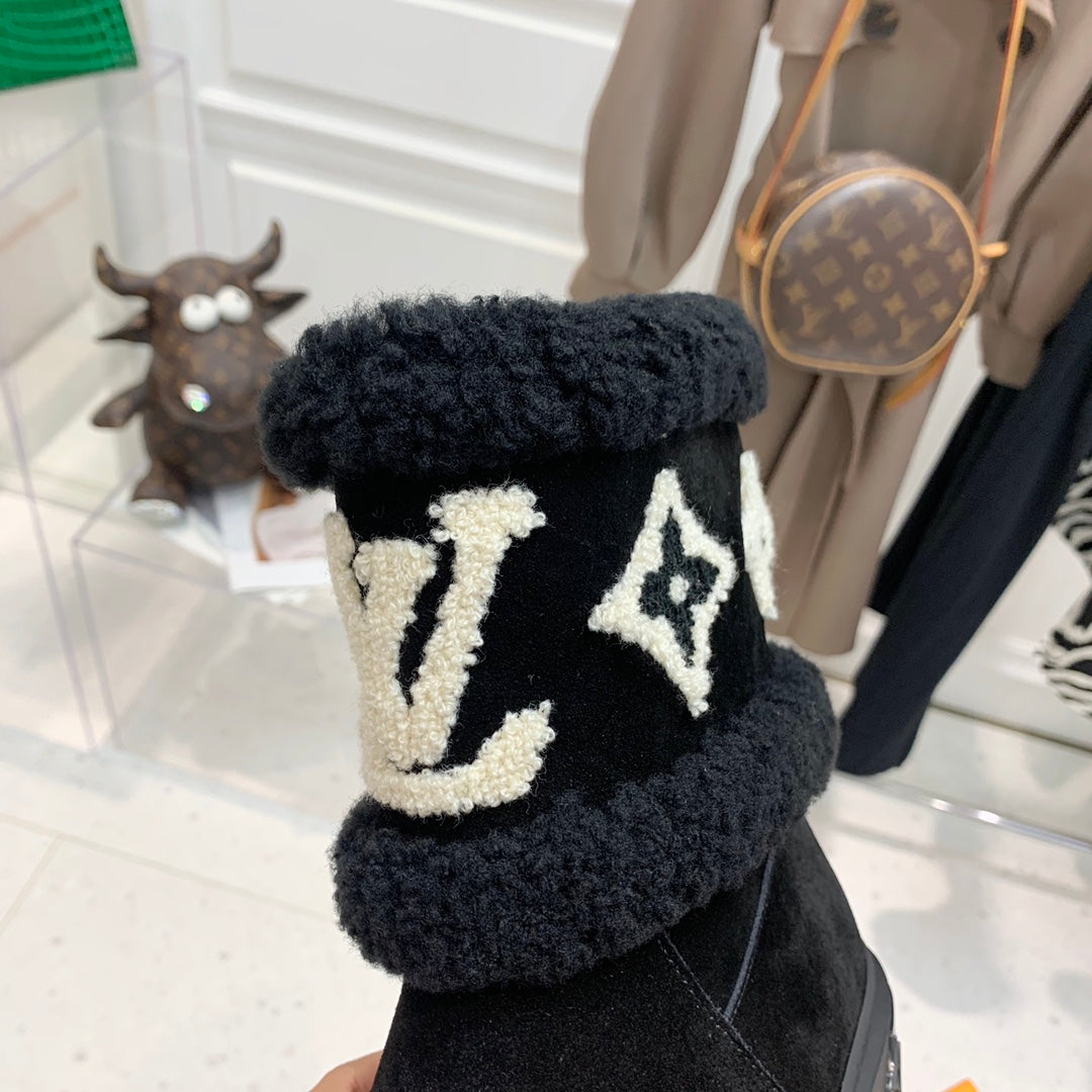 LV Snowdrop Flat Ankle Boot Black Monogram White Suede