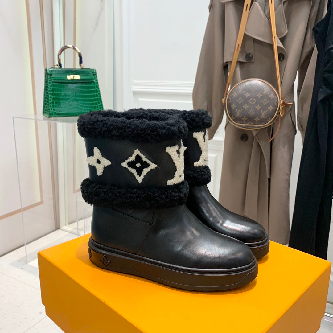 LV Snowdrop Flat Ankle Boot Black Monogram White Cowhide