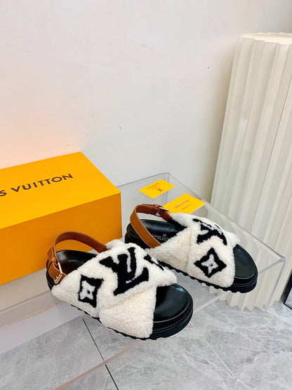 LV Paseo Flat Comfort Sandal White Black Fleece