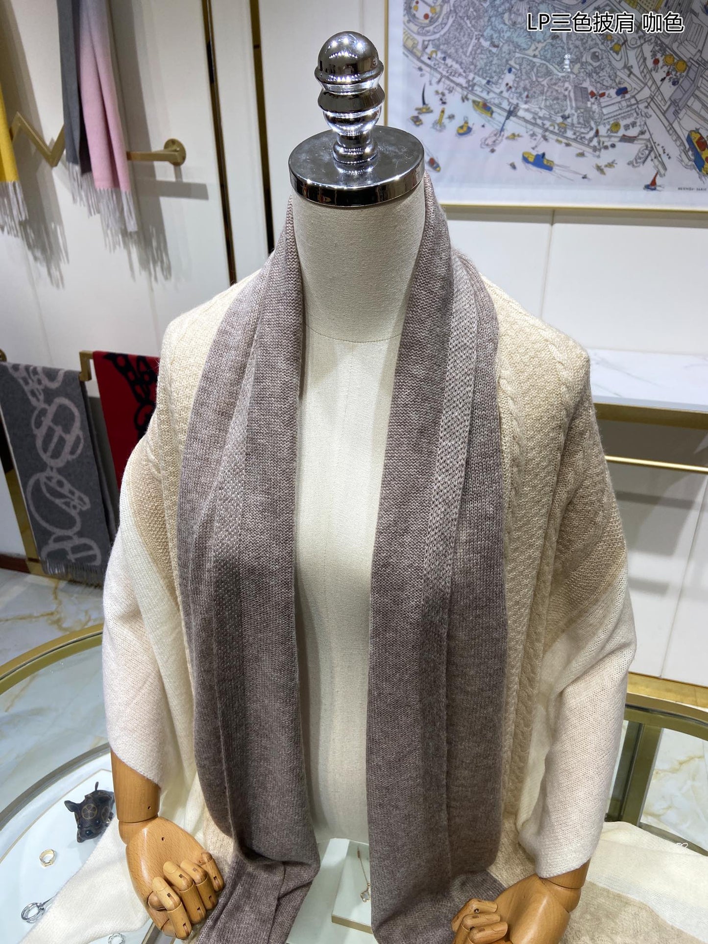 LP Scarf 190 CM In Beige White Mix Grey Brown Cashmere 649677