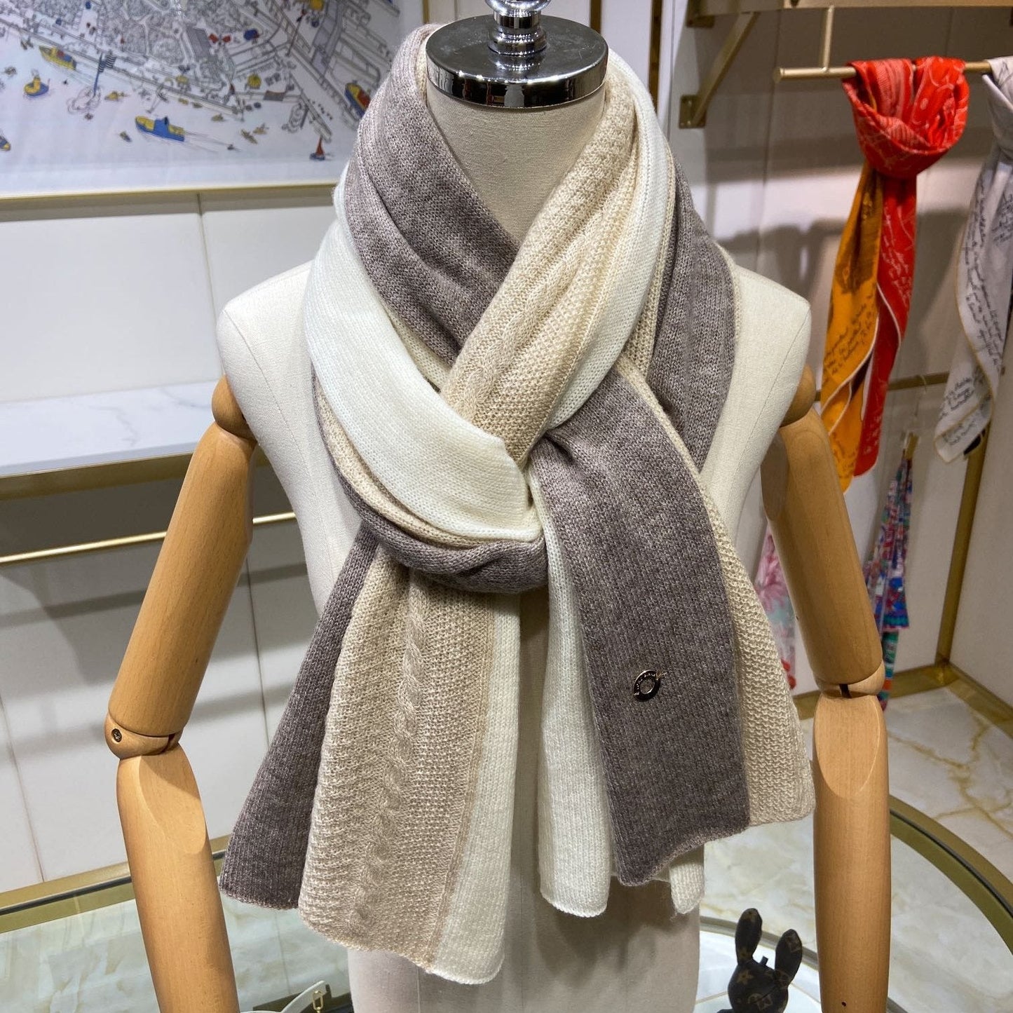 LP Scarf 190 CM In Beige White Mix Grey Brown Cashmere 649677